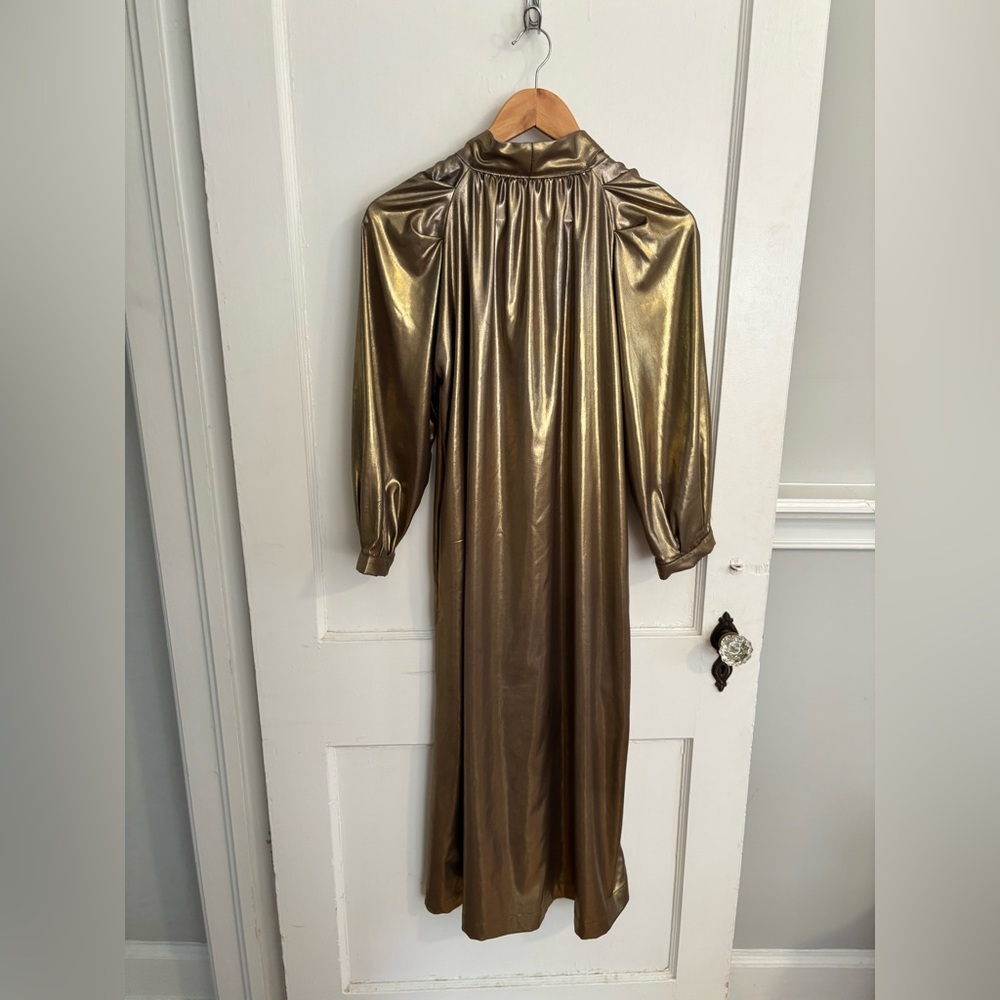 BURU Gold Lamé Long Sleeve Button Up Bow Midi Dress Size XS - Picture 11 of 14